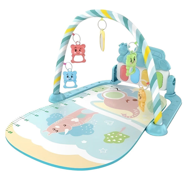 Aqua elephant-themed baby play mat with hanging toys