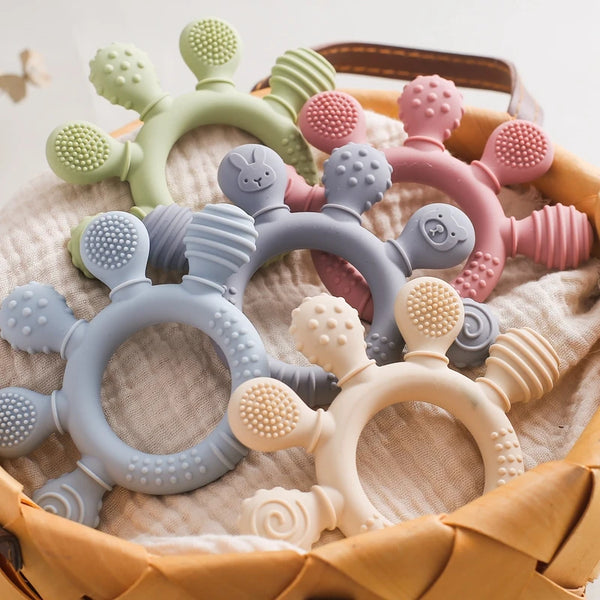 Gentle silicone teething toys for babies, soft on gums